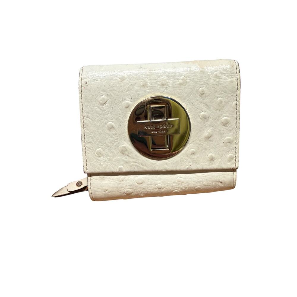 Kate Spade Small Tri Fold Wallet Ostrich Cream Y2K Zip Coin